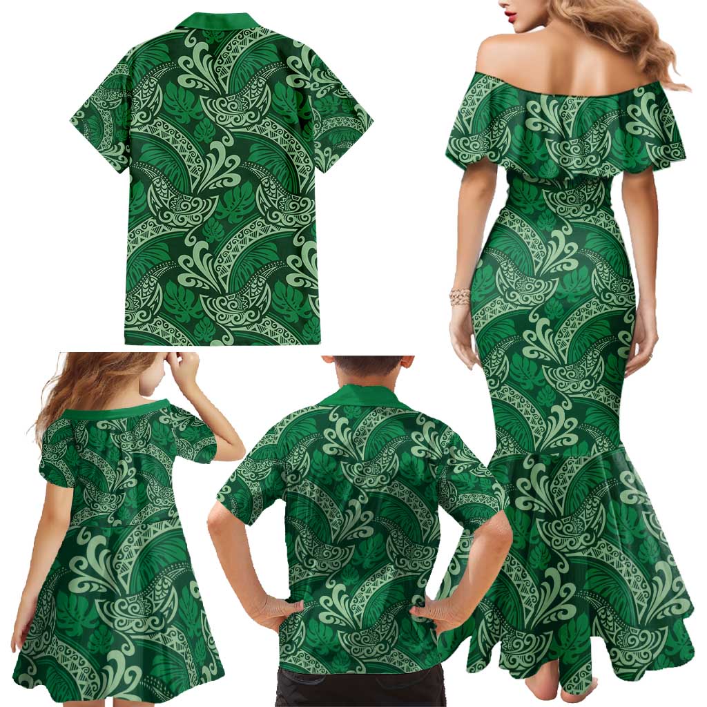 Forest Green Monstera Family Matching Mermaid Dress and Hawaiian Shirt Polynesian Tribal Pattern LT01 - Polynesian Pride
