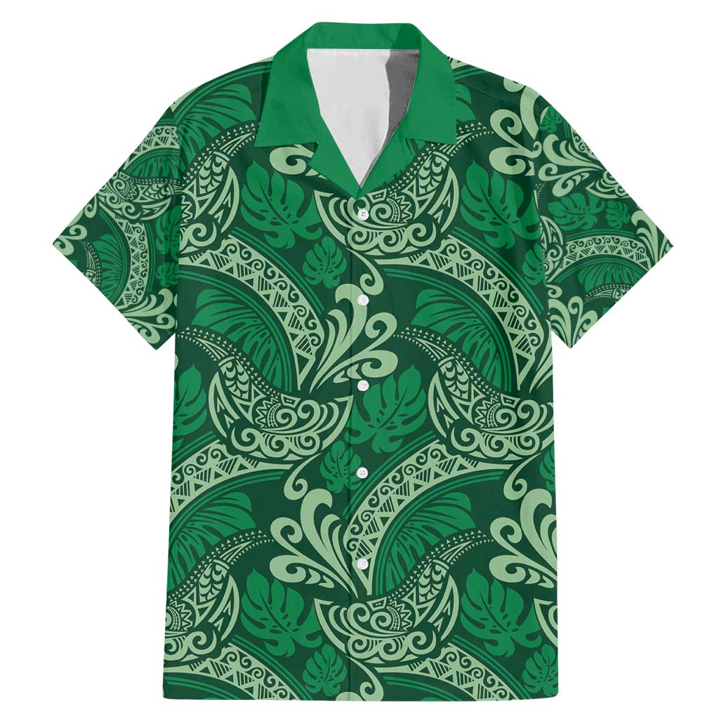 Forest Green Monstera Family Matching Mermaid Dress and Hawaiian Shirt Polynesian Tribal Pattern LT01 Dad's Shirt - Short Sleeve Green - Polynesian Pride