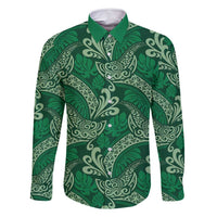 Forest Green Monstera Family Matching Mermaid Dress and Hawaiian Shirt Polynesian Tribal Pattern LT01 Dad's Shirt - Long Sleeve Green - Polynesian Pride