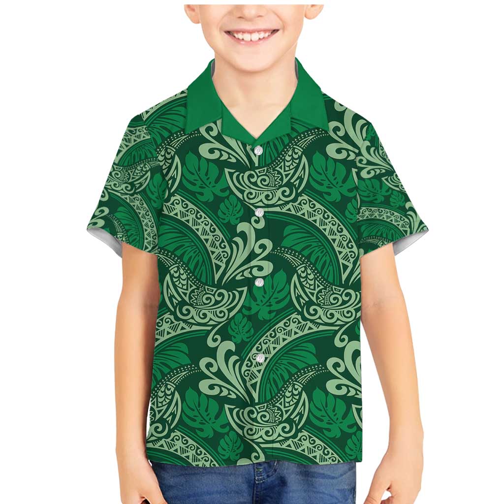 Forest Green Monstera Family Matching Mermaid Dress and Hawaiian Shirt Polynesian Tribal Pattern LT01 Son's Shirt Green - Polynesian Pride