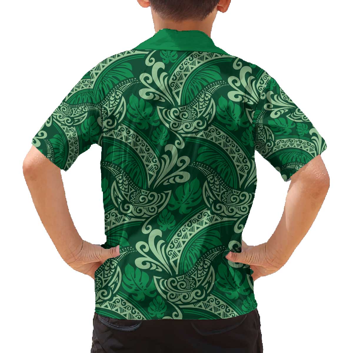 Forest Green Monstera Family Matching Off The Shoulder Long Sleeve Dress and Hawaiian Shirt Polynesian Tribal Pattern LT01 - Polynesian Pride