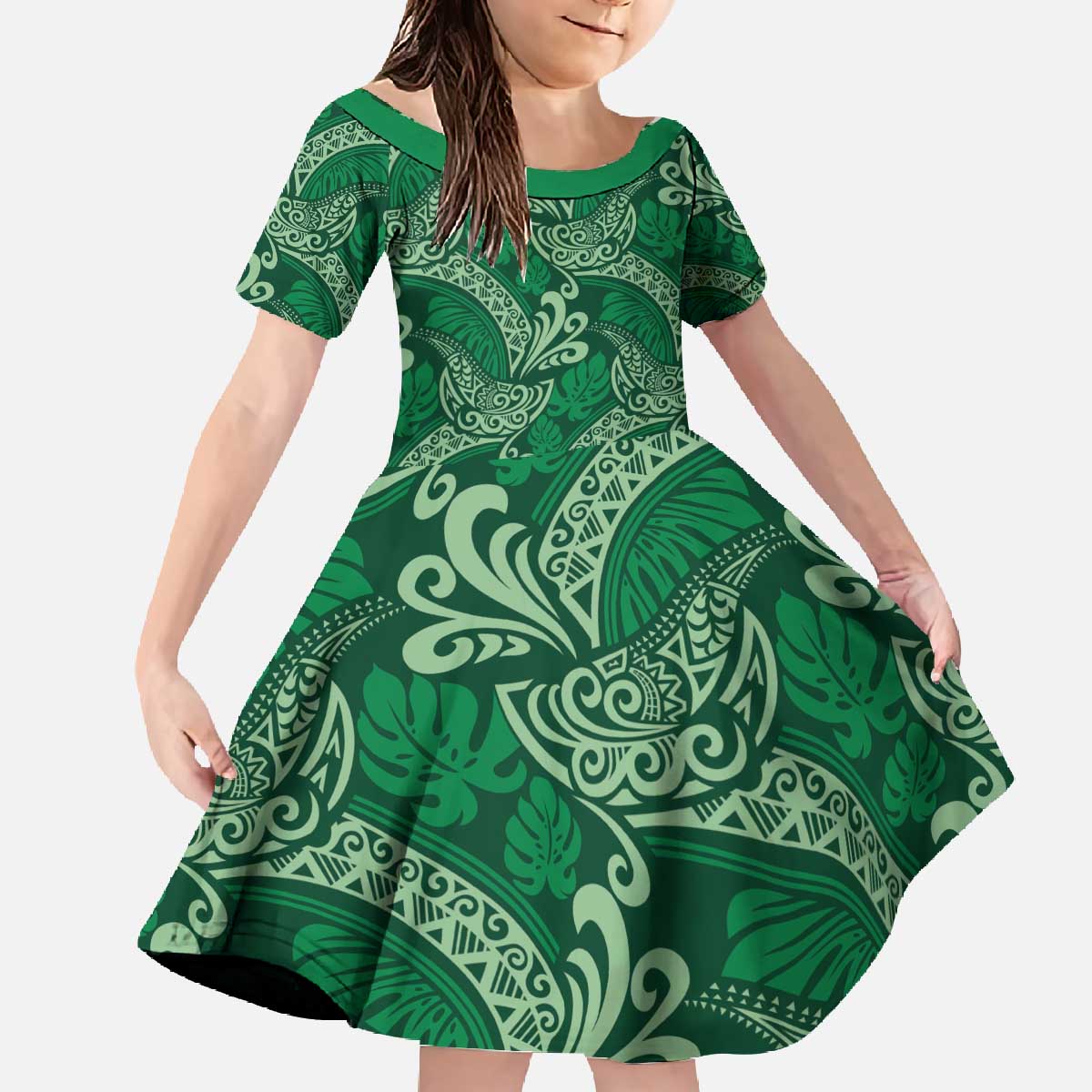 Forest Green Monstera Family Matching Off The Shoulder Long Sleeve Dress and Hawaiian Shirt Polynesian Tribal Pattern LT01 Daughter's Dress Green - Polynesian Pride