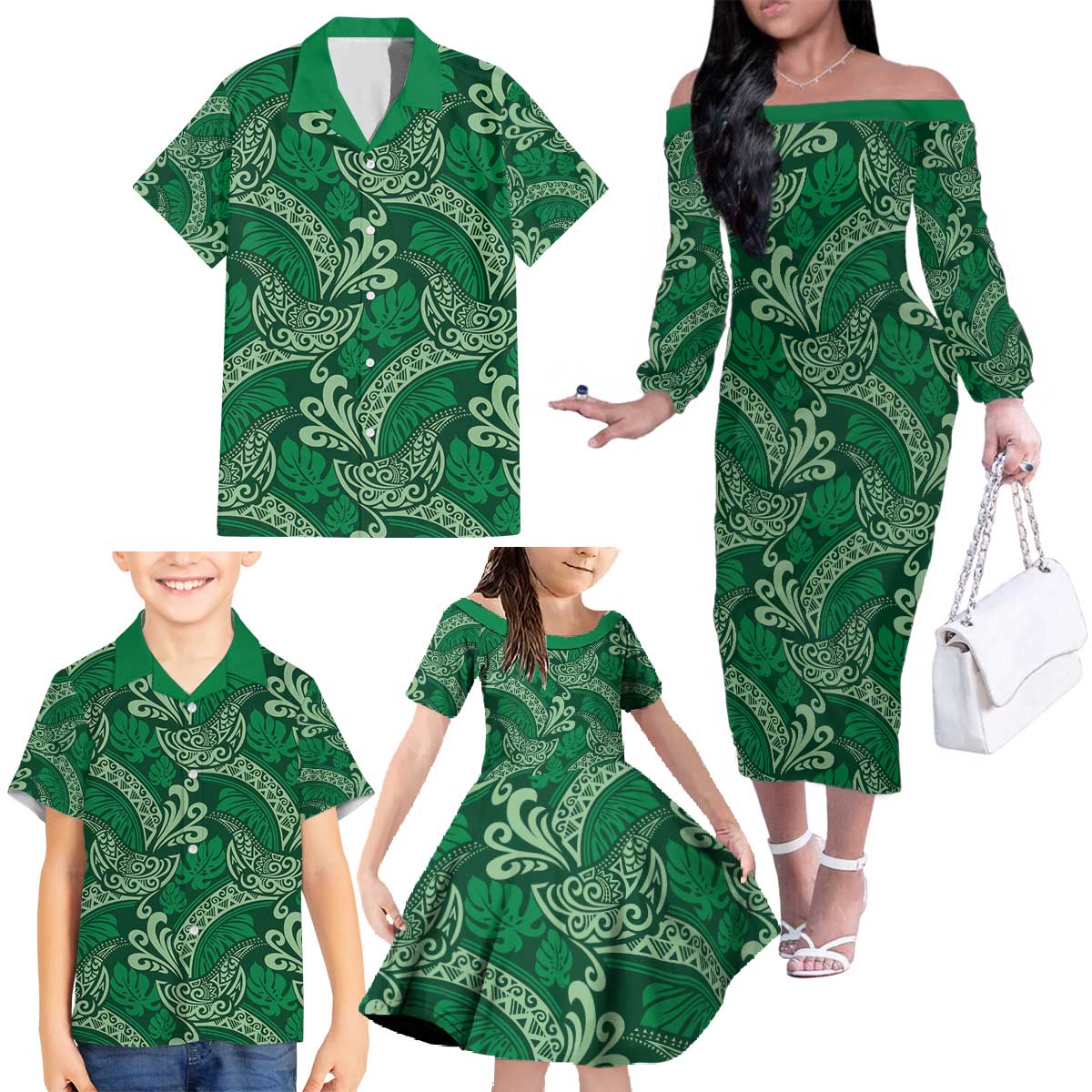 Forest Green Monstera Family Matching Off The Shoulder Long Sleeve Dress and Hawaiian Shirt Polynesian Tribal Pattern LT01 - Polynesian Pride