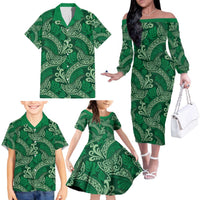 Forest Green Monstera Family Matching Off The Shoulder Long Sleeve Dress and Hawaiian Shirt Polynesian Tribal Pattern LT01 - Polynesian Pride