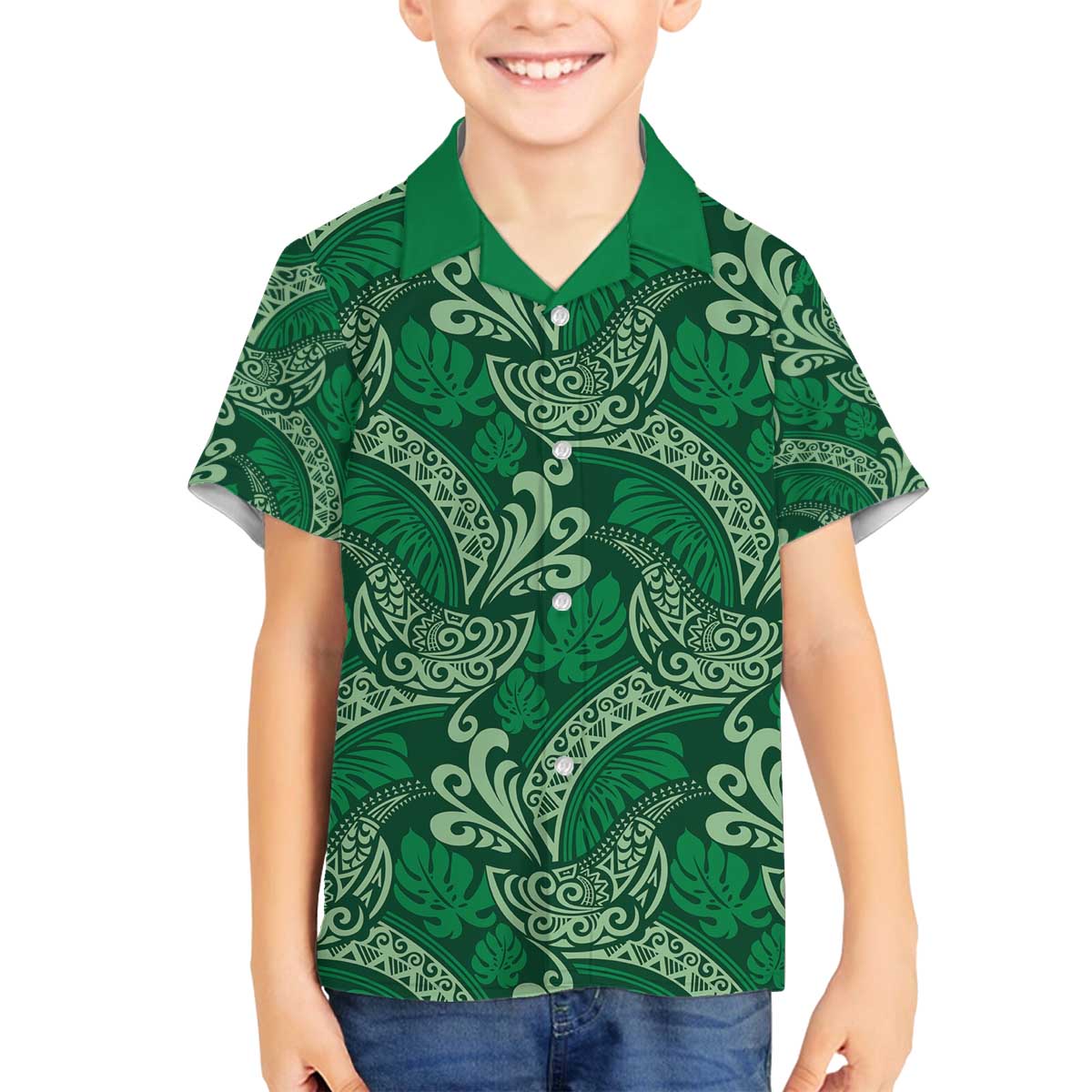 Forest Green Monstera Family Matching Off The Shoulder Long Sleeve Dress and Hawaiian Shirt Polynesian Tribal Pattern LT01 Son's Shirt Green - Polynesian Pride