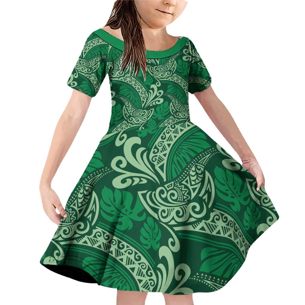 Forest Green Monstera Family Matching Off Shoulder Short Dress and Hawaiian Shirt Polynesian Tribal Pattern LT01 Daughter's Dress Green - Polynesian Pride