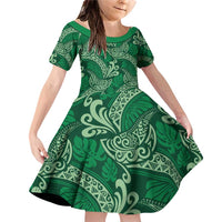 Forest Green Monstera Family Matching Off Shoulder Short Dress and Hawaiian Shirt Polynesian Tribal Pattern LT01 Daughter's Dress Green - Polynesian Pride