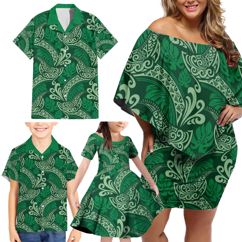 Forest Green Monstera Family Matching Off Shoulder Short Dress and Hawaiian Shirt Polynesian Tribal Pattern LT01 - Polynesian Pride