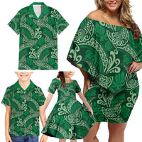 Forest Green Monstera Family Matching Off Shoulder Short Dress and Hawaiian Shirt Polynesian Tribal Pattern LT01 - Polynesian Pride