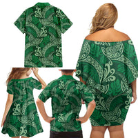 Forest Green Monstera Family Matching Off Shoulder Short Dress and Hawaiian Shirt Polynesian Tribal Pattern LT01 - Polynesian Pride