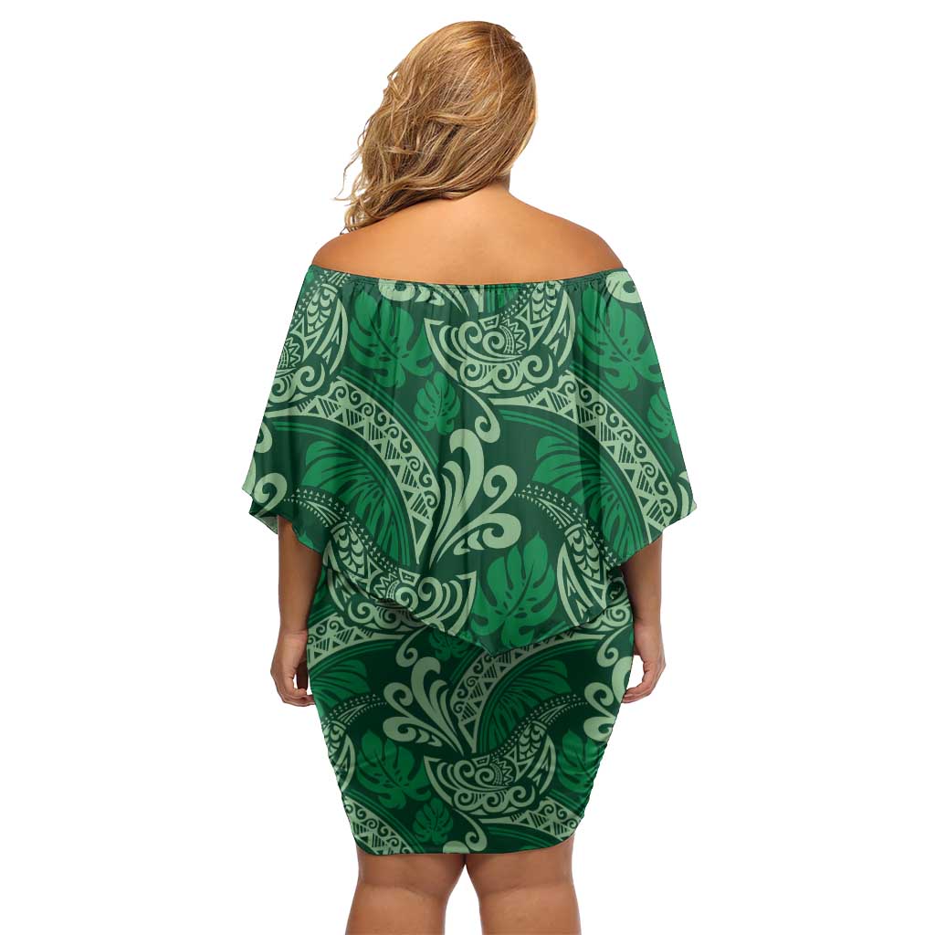 Forest Green Monstera Family Matching Off Shoulder Short Dress and Hawaiian Shirt Polynesian Tribal Pattern LT01 - Polynesian Pride