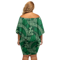 Forest Green Monstera Family Matching Off Shoulder Short Dress and Hawaiian Shirt Polynesian Tribal Pattern LT01 - Polynesian Pride