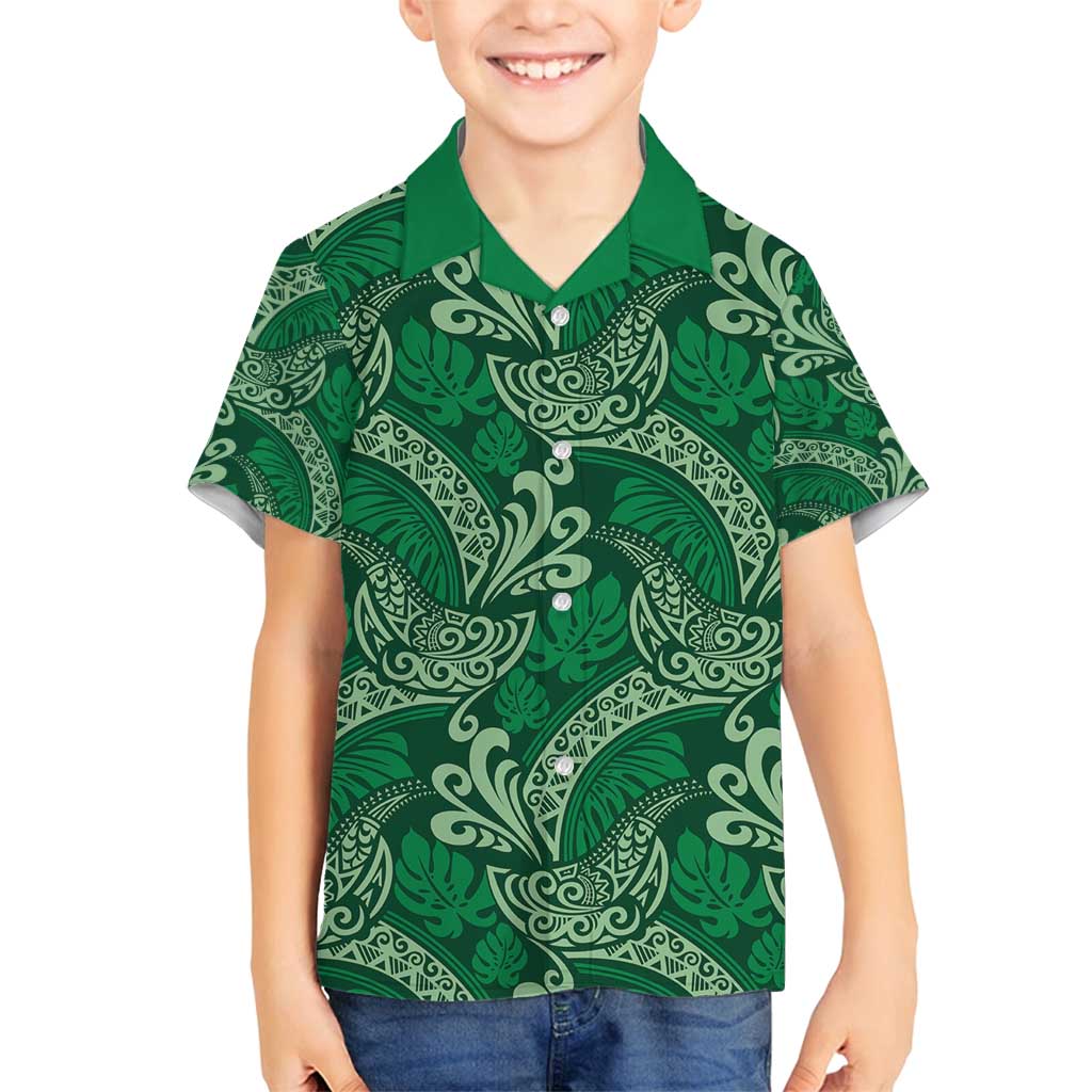 Forest Green Monstera Family Matching Off Shoulder Short Dress and Hawaiian Shirt Polynesian Tribal Pattern LT01 Son's Shirt Green - Polynesian Pride