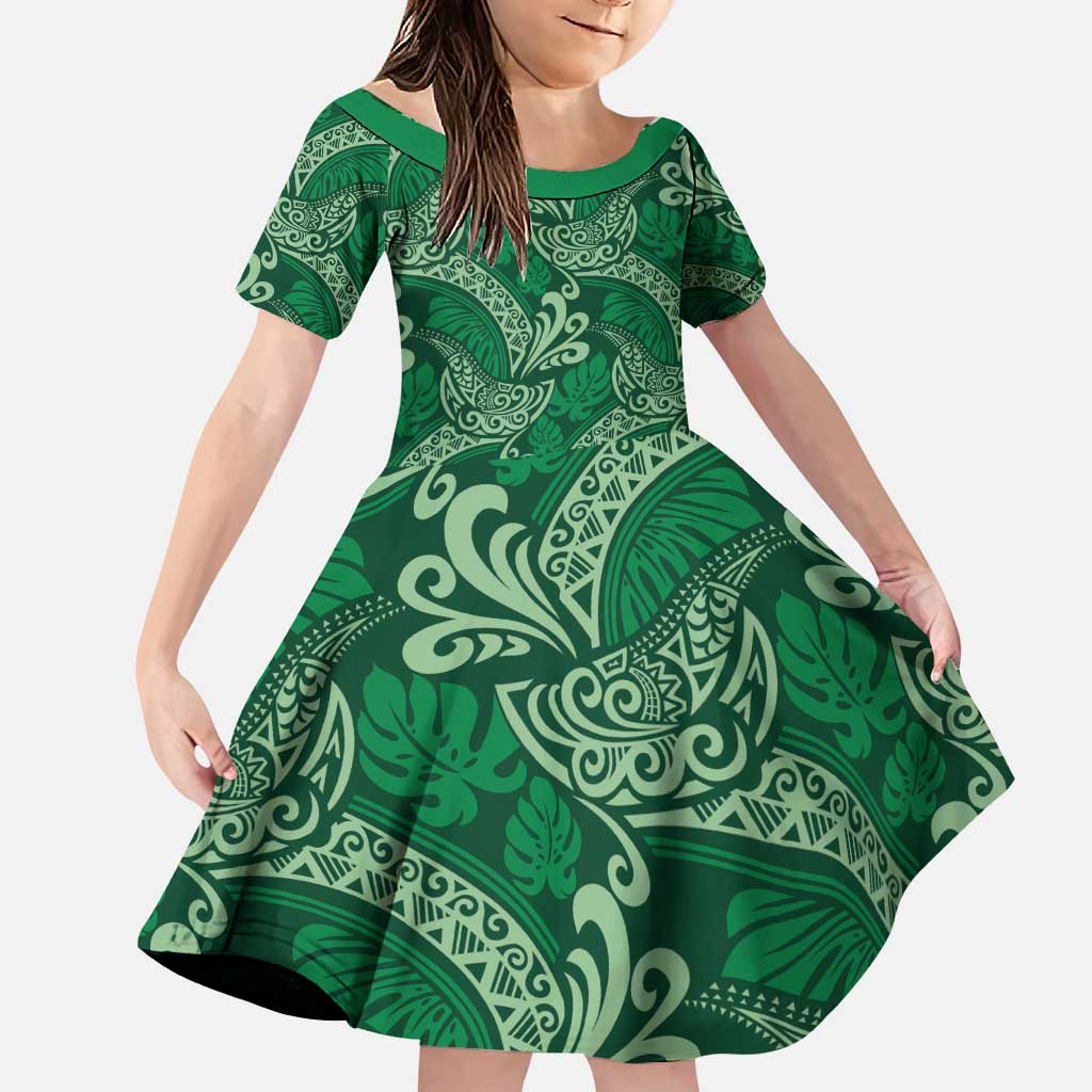 Forest Green Monstera Family Matching Puletasi and Hawaiian Shirt Polynesian Tribal Pattern - Polynesian Pride
