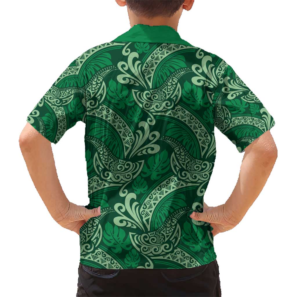 Forest Green Monstera Family Matching Short Sleeve Bodycon Dress and Hawaiian Shirt Polynesian Tribal Pattern LT01 - Polynesian Pride