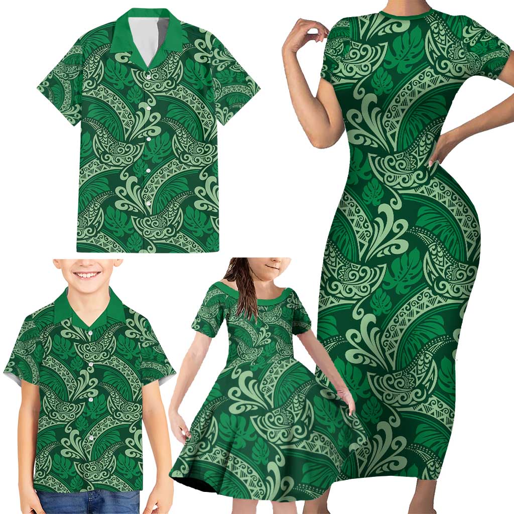 Forest Green Monstera Family Matching Short Sleeve Bodycon Dress and Hawaiian Shirt Polynesian Tribal Pattern LT01 - Polynesian Pride