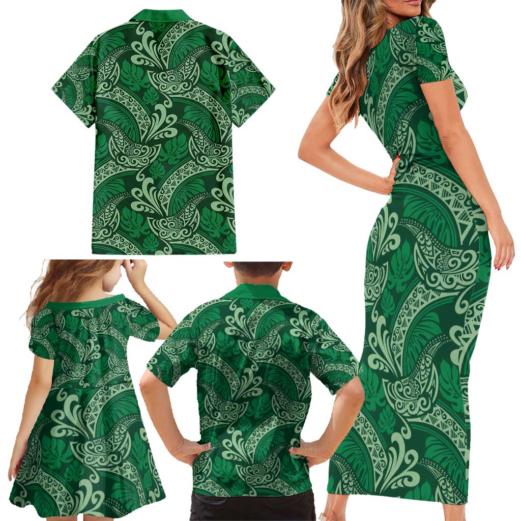 Forest Green Monstera Family Matching Short Sleeve Bodycon Dress and Hawaiian Shirt Polynesian Tribal Pattern LT01 - Polynesian Pride