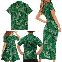 Forest Green Monstera Family Matching Short Sleeve Bodycon Dress and Hawaiian Shirt Polynesian Tribal Pattern LT01 - Polynesian Pride