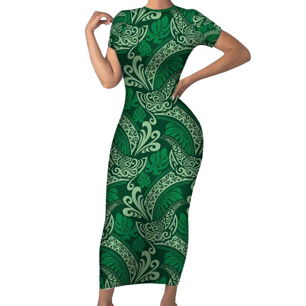 Forest Green Monstera Family Matching Short Sleeve Bodycon Dress and Hawaiian Shirt Polynesian Tribal Pattern LT01 Mom's Dress Green - Polynesian Pride