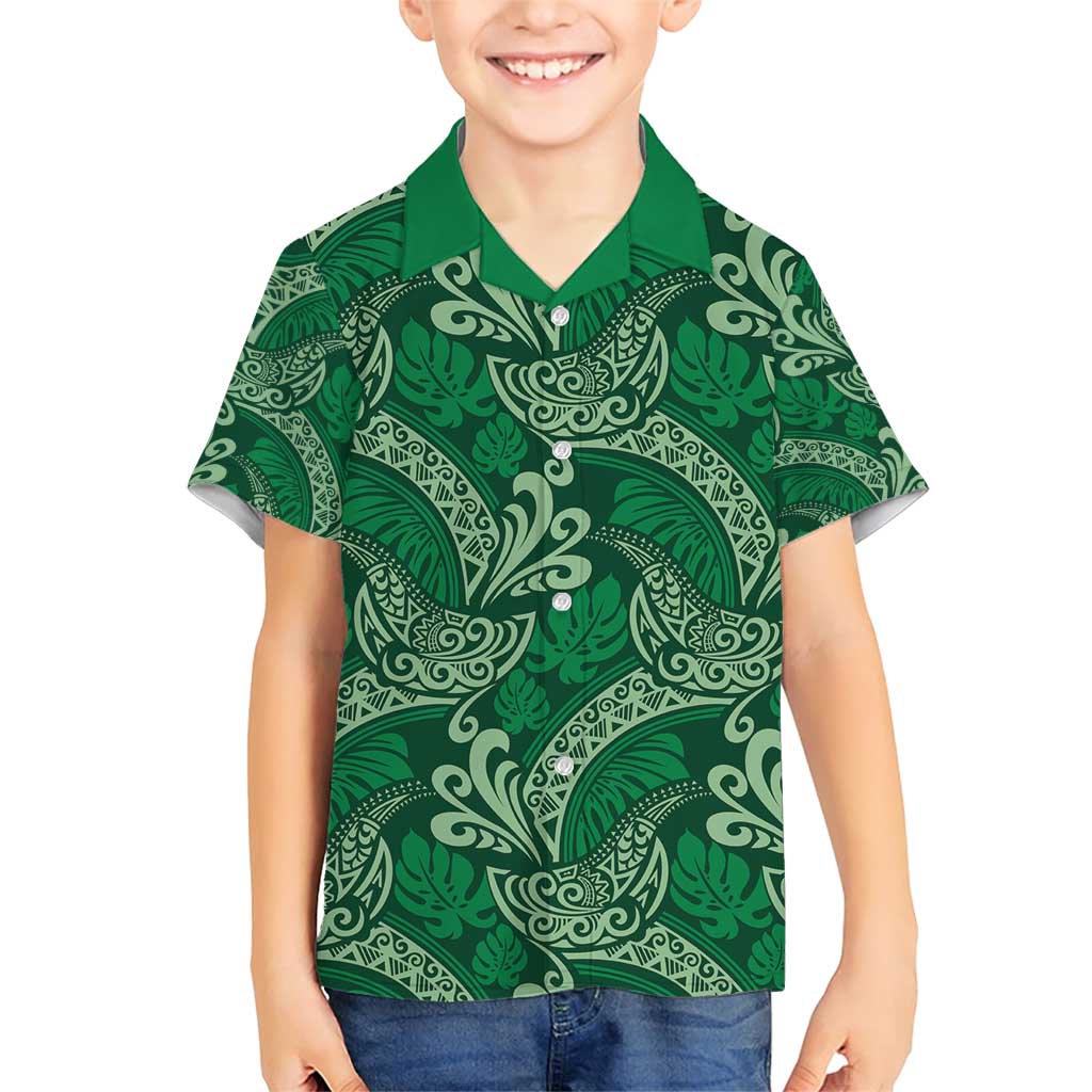 Forest Green Monstera Family Matching Short Sleeve Bodycon Dress and Hawaiian Shirt Polynesian Tribal Pattern LT01 Son's Shirt Green - Polynesian Pride