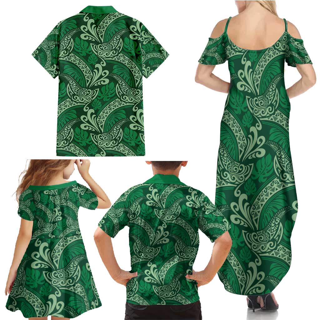 Forest Green Monstera Family Matching Summer Maxi Dress and Hawaiian Shirt Polynesian Tribal Pattern LT01 - Polynesian Pride