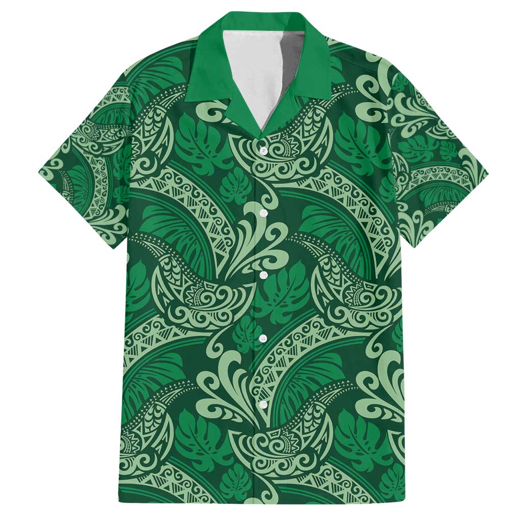 Forest Green Monstera Family Matching Summer Maxi Dress and Hawaiian Shirt Polynesian Tribal Pattern LT01 Dad's Shirt - Short Sleeve Green - Polynesian Pride