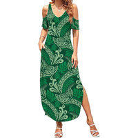 Forest Green Monstera Family Matching Summer Maxi Dress and Hawaiian Shirt Polynesian Tribal Pattern LT01 Mom's Dress Green - Polynesian Pride