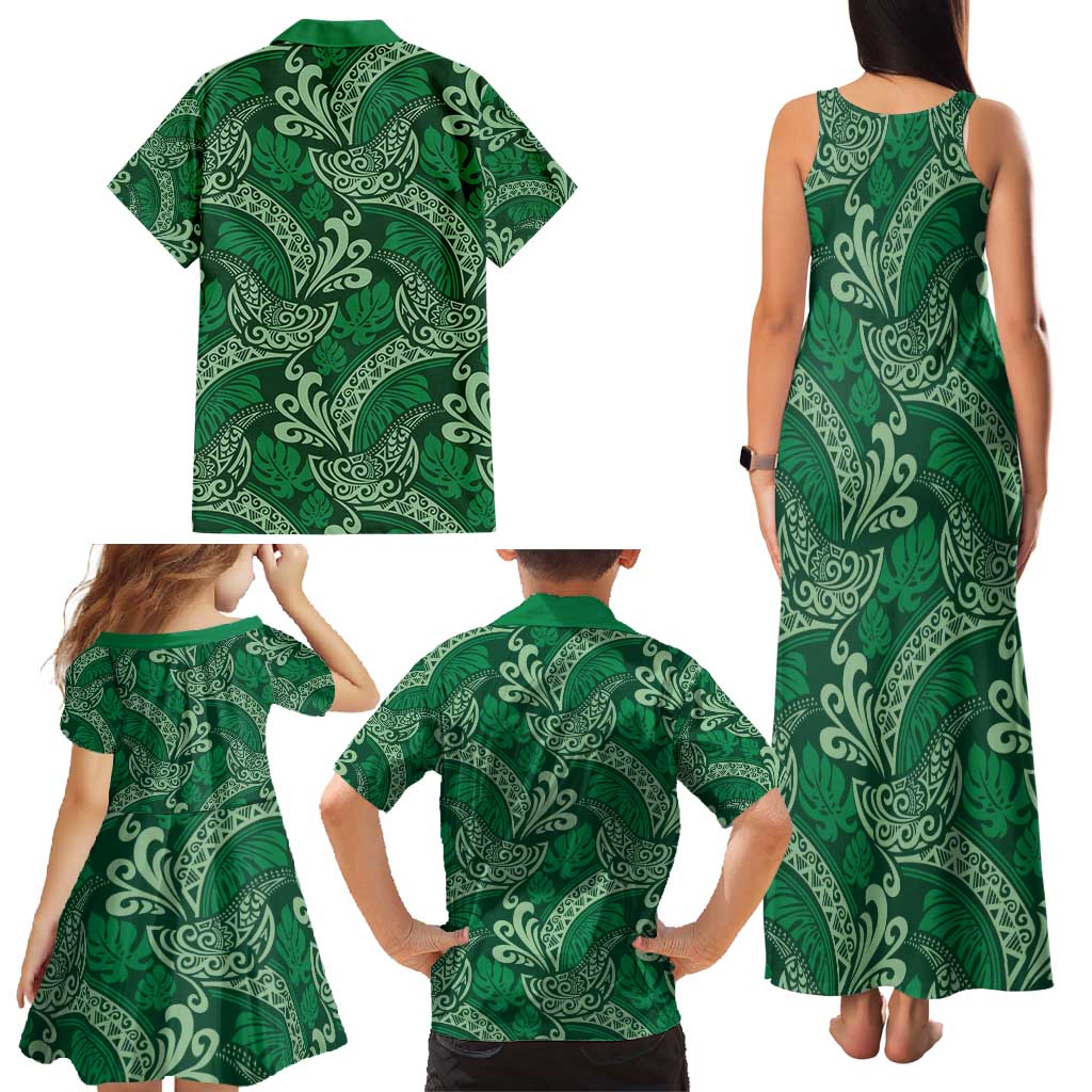 Forest Green Monstera Family Matching Tank Maxi Dress and Hawaiian Shirt Polynesian Tribal Pattern LT01 - Polynesian Pride