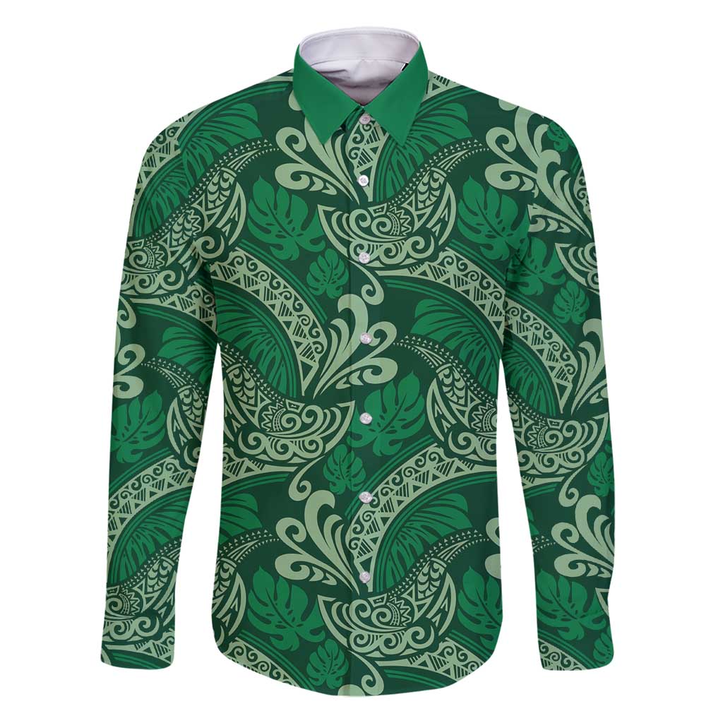 Forest Green Monstera Family Matching Tank Maxi Dress and Hawaiian Shirt Polynesian Tribal Pattern LT01 Dad's Shirt - Long Sleeve Green - Polynesian Pride