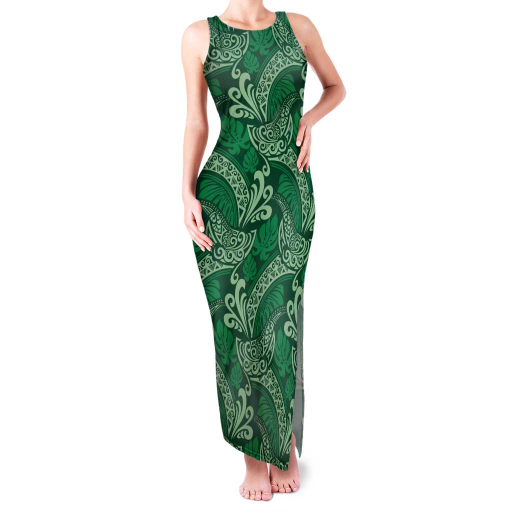 Forest Green Monstera Family Matching Tank Maxi Dress and Hawaiian Shirt Polynesian Tribal Pattern LT01 Mom's Dress Green - Polynesian Pride