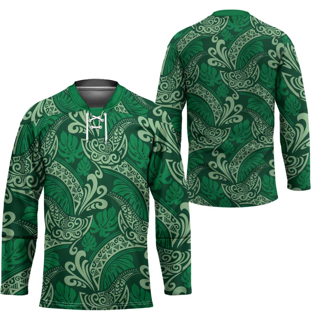 Forest Green Monstera Hockey Jersey Polynesian Tribal Pattern - Polynesian Pride