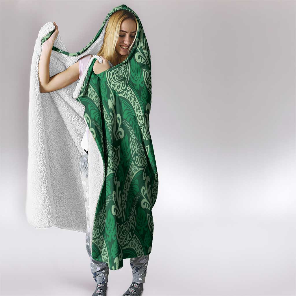 Forest Green Monstera Hooded Blanket Polynesian Tribal Pattern - Polynesian Pride