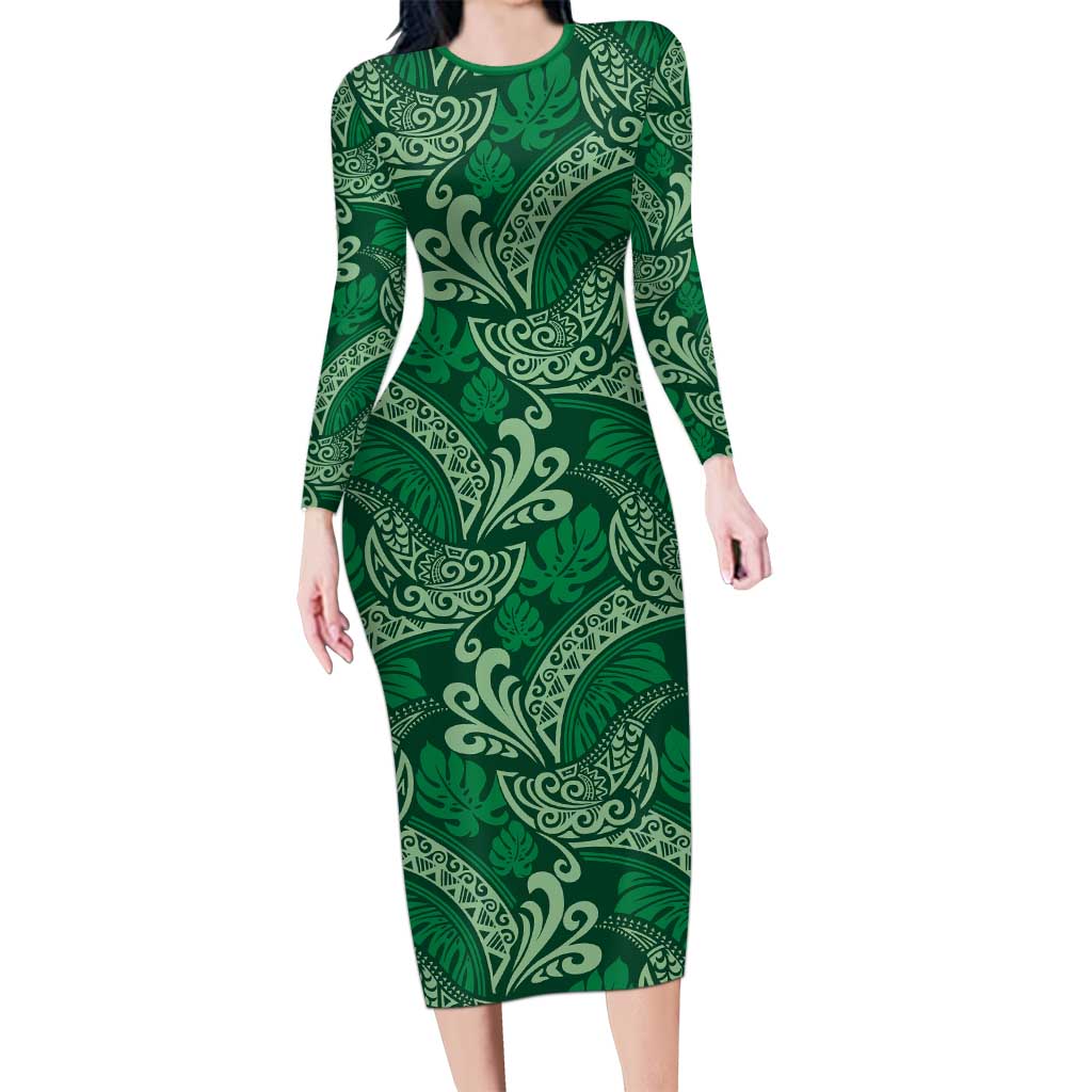 Forest Green Monstera Long Sleeve Bodycon Dress Polynesian Tribal Pattern - Polynesian Pride