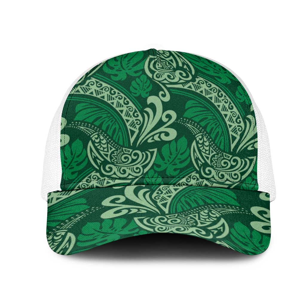 Forest Green Monstera Mesh Trucker Cap Polynesian Tribal Pattern - Polynesian Pride