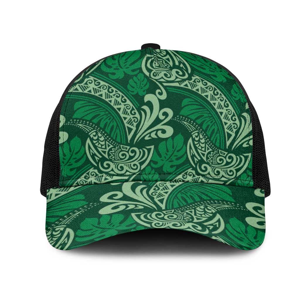 Forest Green Monstera Mesh Trucker Cap Polynesian Tribal Pattern - Polynesian Pride