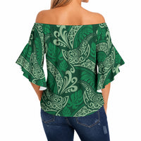 Forest Green Monstera Off Shoulder Wrap Waist Top Polynesian Tribal Pattern LT01 - Polynesian Pride