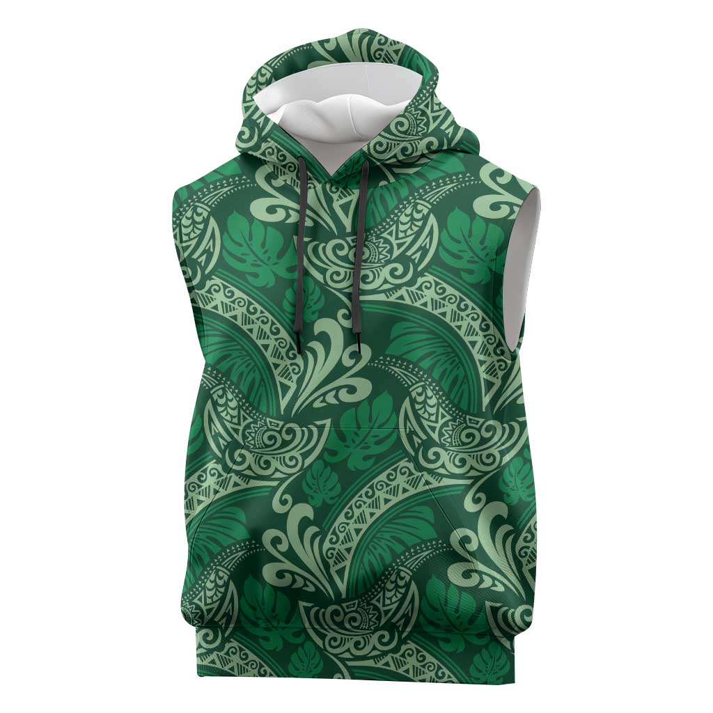 Forest Green Monstera Sleeveless Hoodie Polynesian Tribal Pattern LT01 Green - Polynesian Pride