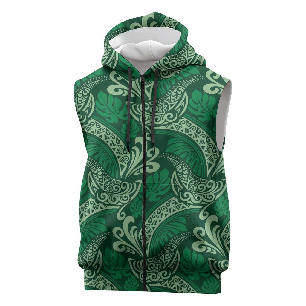 Forest Green Monstera Sleeveless Zip Hoodie Polynesian Tribal Pattern LT01 Green - Polynesian Pride