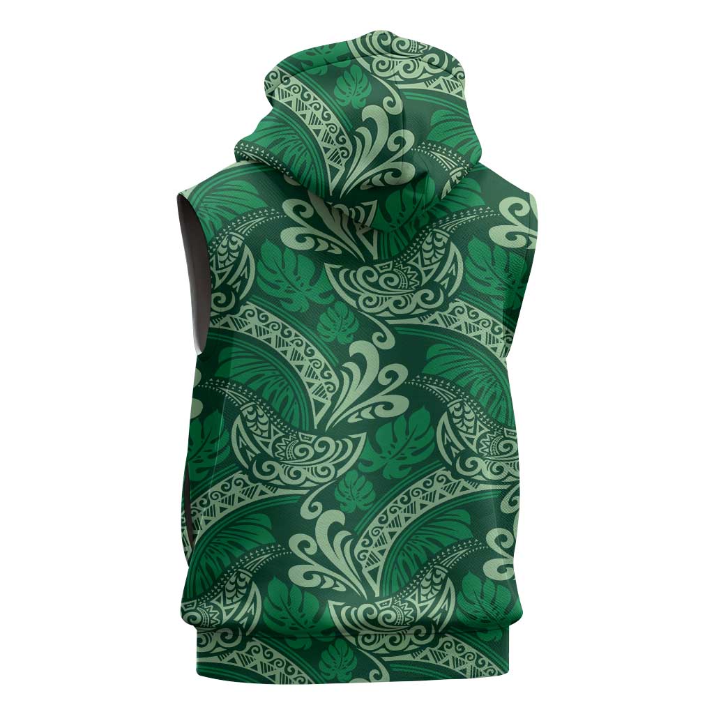 Forest Green Monstera Sleeveless Zip Hoodie Polynesian Tribal Pattern LT01 - Polynesian Pride