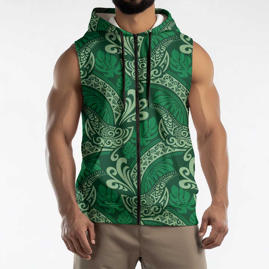 Forest Green Monstera Sleeveless Zip Hoodie Polynesian Tribal Pattern LT01 - Polynesian Pride