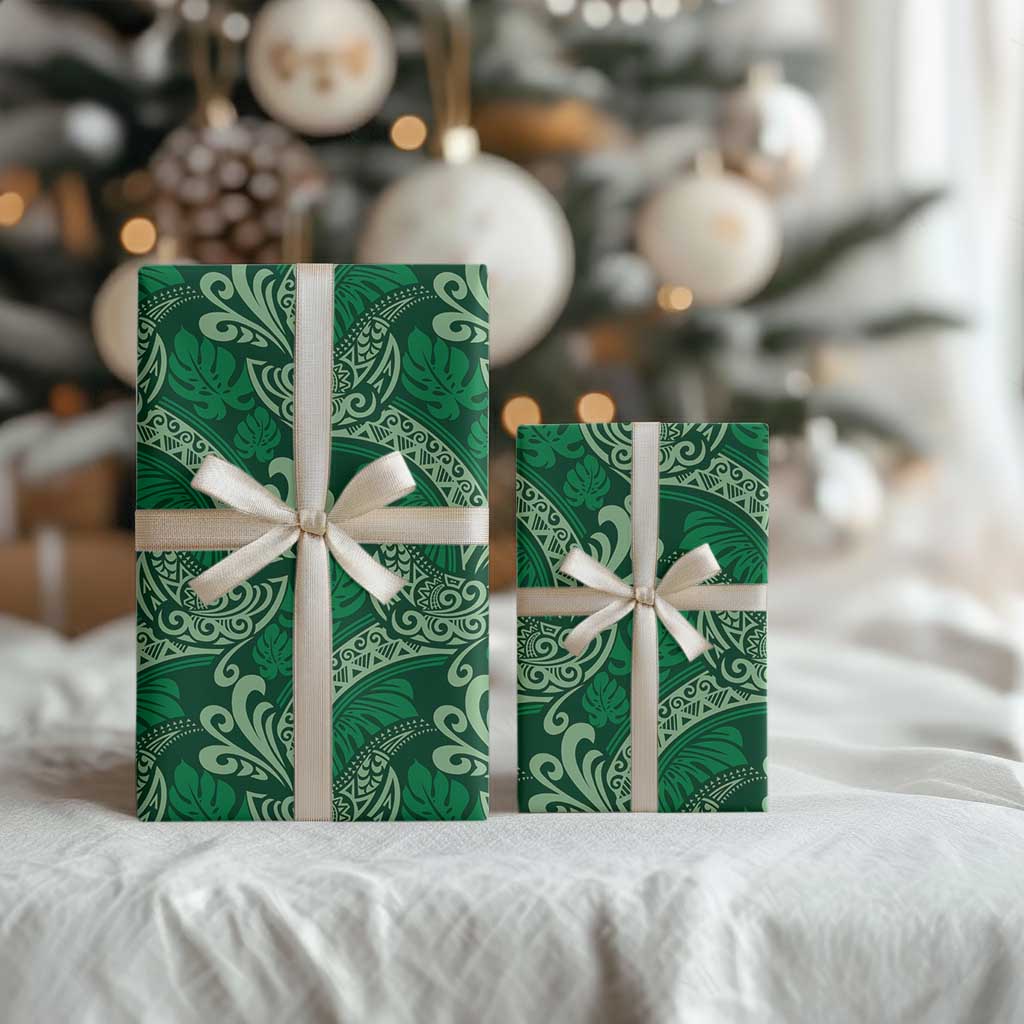 Forest Green Monstera Wrapping Paper Polynesian Tribal Pattern - Polynesian Pride