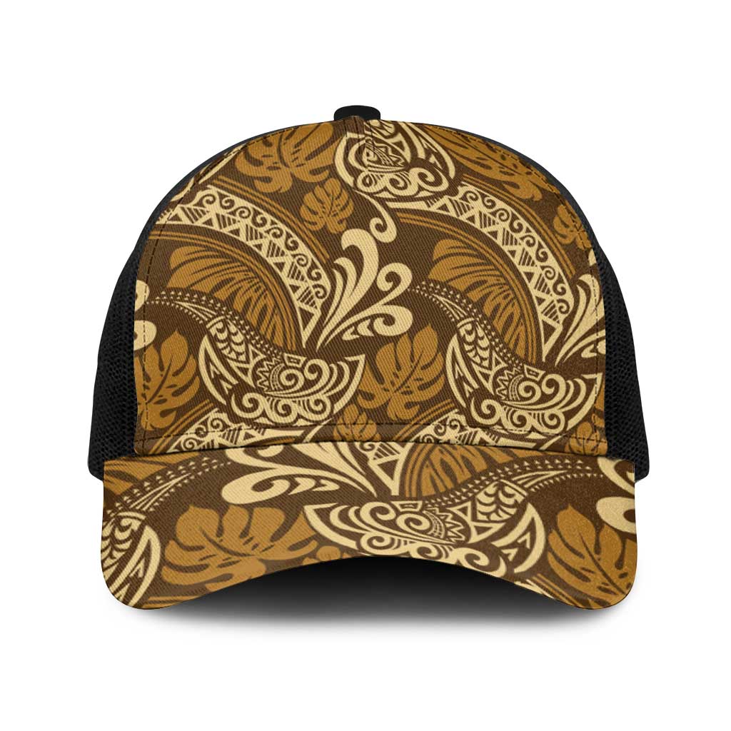 Brown Gold Monstera Baseball Net Cap Polynesian Tribal Pattern - Polynesian Pride