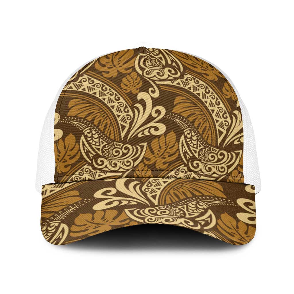 Brown Gold Monstera Baseball Net Cap Polynesian Tribal Pattern - Polynesian Pride