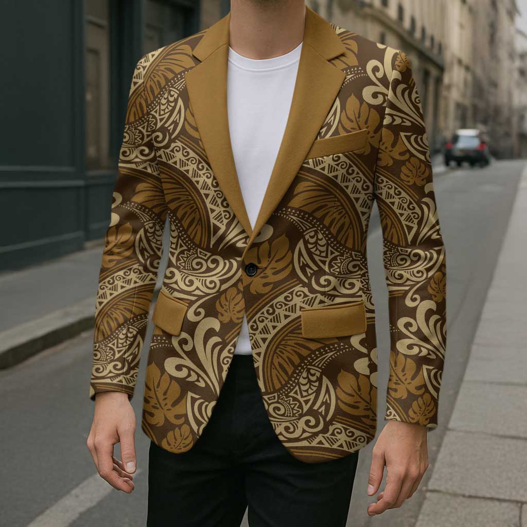 Brown Gold Monstera Blazer Polynesian Tribal Pattern - Polynesian Pride