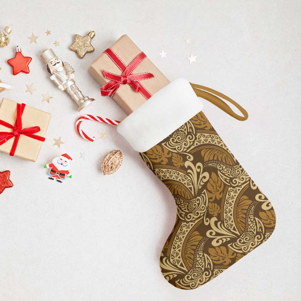 Brown Gold Monstera Christmas Stocking Polynesian Tribal Pattern - Polynesian Pride