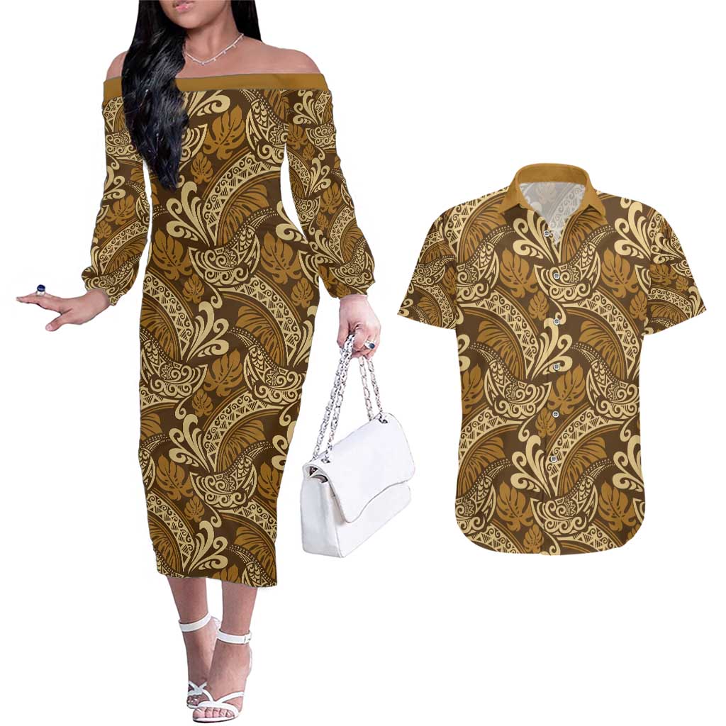 Brown Gold Monstera Couples Matching Off The Shoulder Long Sleeve Dress and Hawaiian Shirt Polynesian Tribal Pattern LT01 Gold - Polynesian Pride