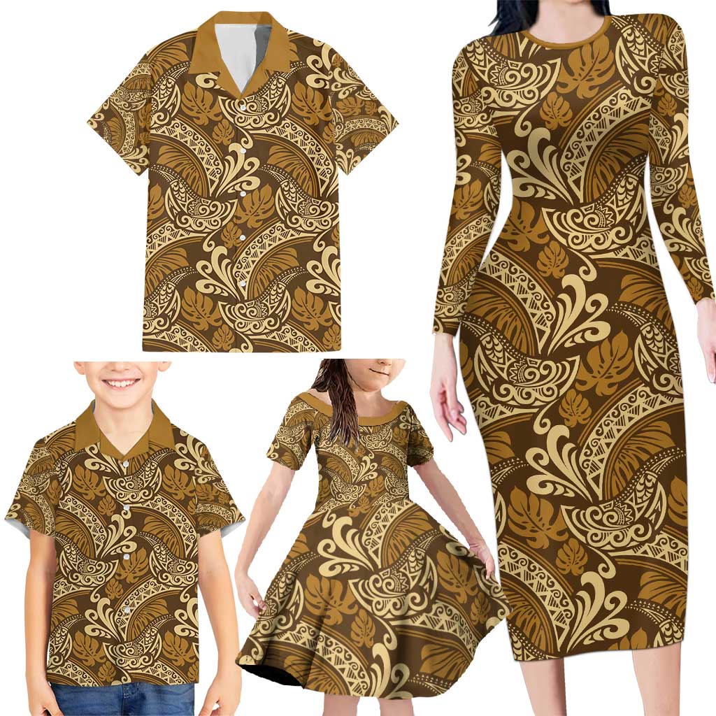 Brown Gold Monstera Family Matching Long Sleeve Bodycon Dress and Hawaiian Shirt Polynesian Tribal Pattern LT01 - Polynesian Pride
