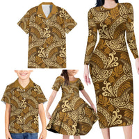 Brown Gold Monstera Family Matching Long Sleeve Bodycon Dress and Hawaiian Shirt Polynesian Tribal Pattern LT01 - Polynesian Pride