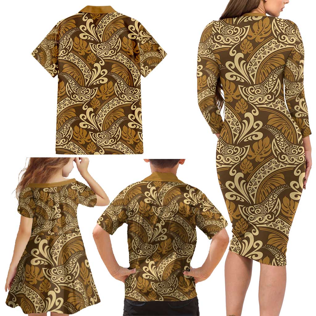 Brown Gold Monstera Family Matching Long Sleeve Bodycon Dress and Hawaiian Shirt Polynesian Tribal Pattern LT01 - Polynesian Pride
