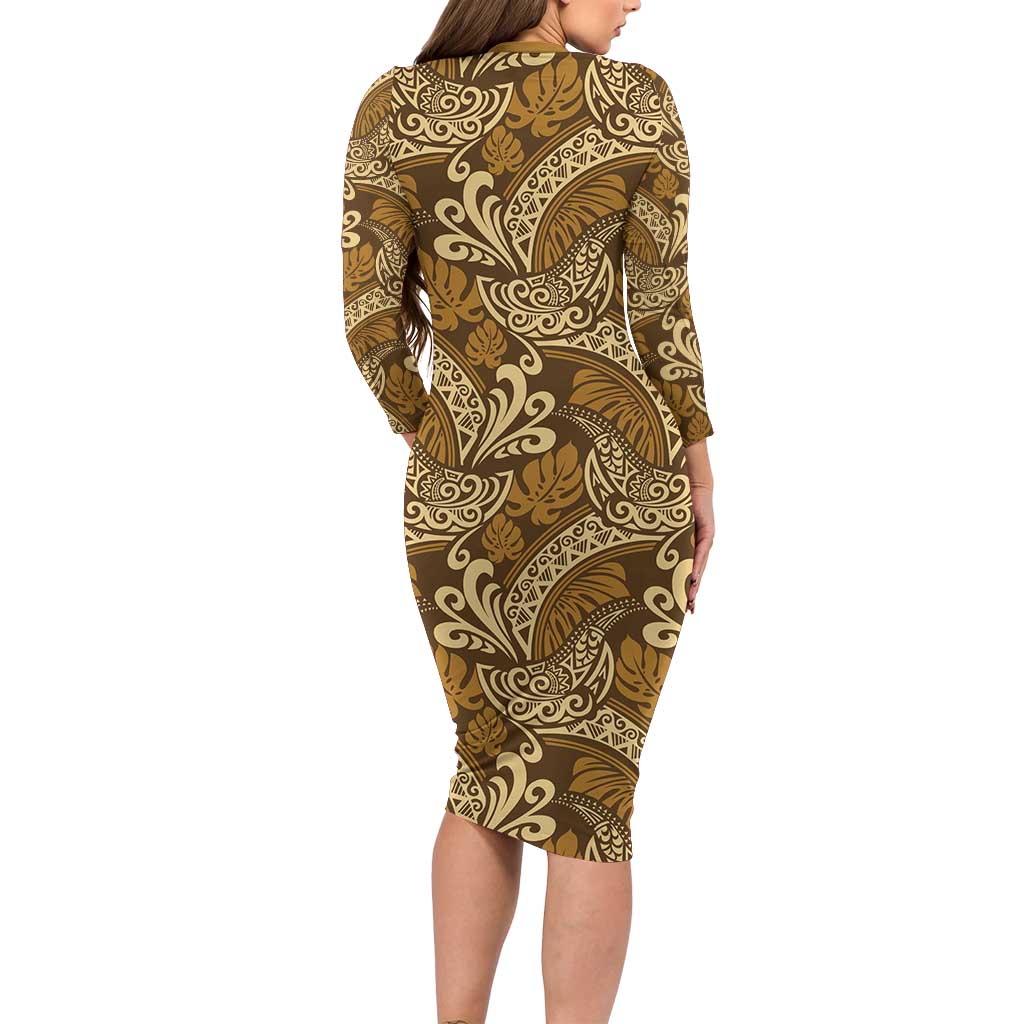 Brown Gold Monstera Family Matching Long Sleeve Bodycon Dress and Hawaiian Shirt Polynesian Tribal Pattern LT01 - Polynesian Pride